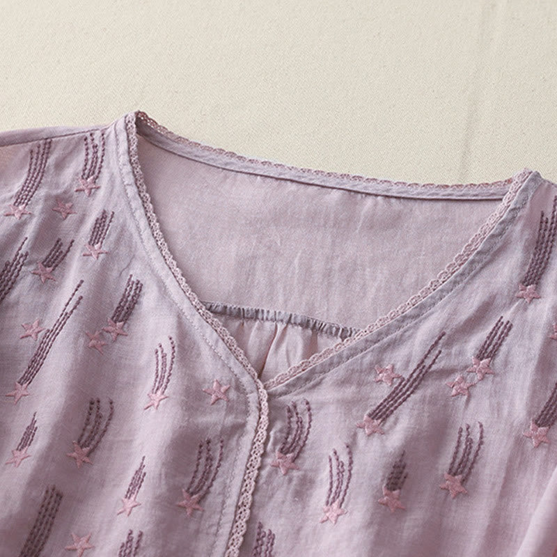 Casual Shooting Star Embroidery V-Neck Half Sleeve Cotton Linen Women's Shirt