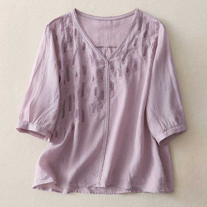 Casual Shooting Star Embroidery V-Neck Half Sleeve Cotton Linen Women's Shirt