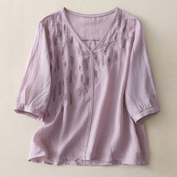 Casual Shooting Star Embroidery V-Neck Half Sleeve Cotton Linen Women's Shirt