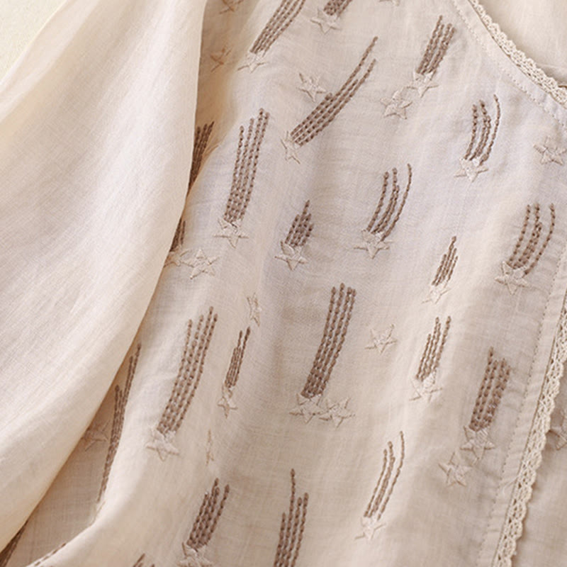 Casual Shooting Star Embroidery V-Neck Half Sleeve Cotton Linen Women's Shirt