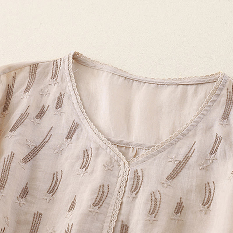 Casual Shooting Star Embroidery V-Neck Half Sleeve Cotton Linen Women's Shirt