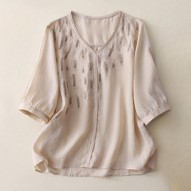 Casual Shooting Star Embroidery V-Neck Half Sleeve Cotton Linen Women's Shirt