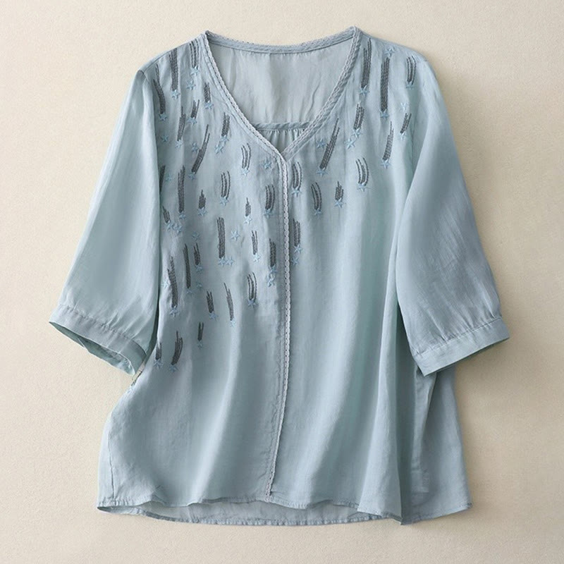 Casual Shooting Star Embroidery V-Neck Half Sleeve Cotton Linen Women's Shirt