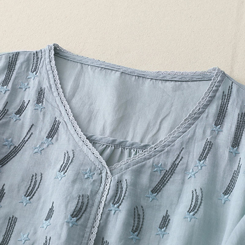 Casual Shooting Star Embroidery V-Neck Half Sleeve Cotton Linen Women's Shirt