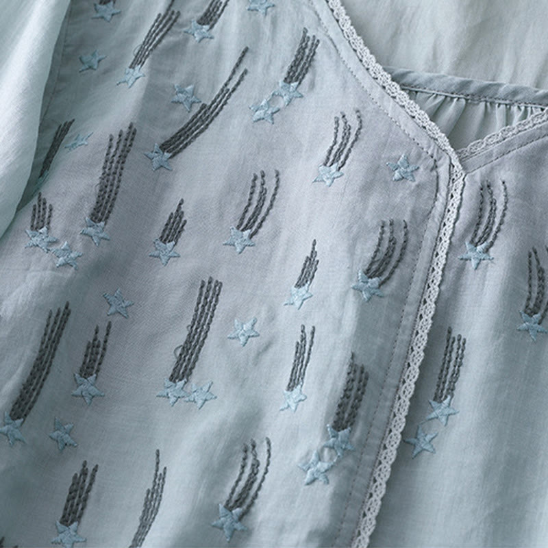 Casual Shooting Star Embroidery V-Neck Half Sleeve Cotton Linen Women's Shirt