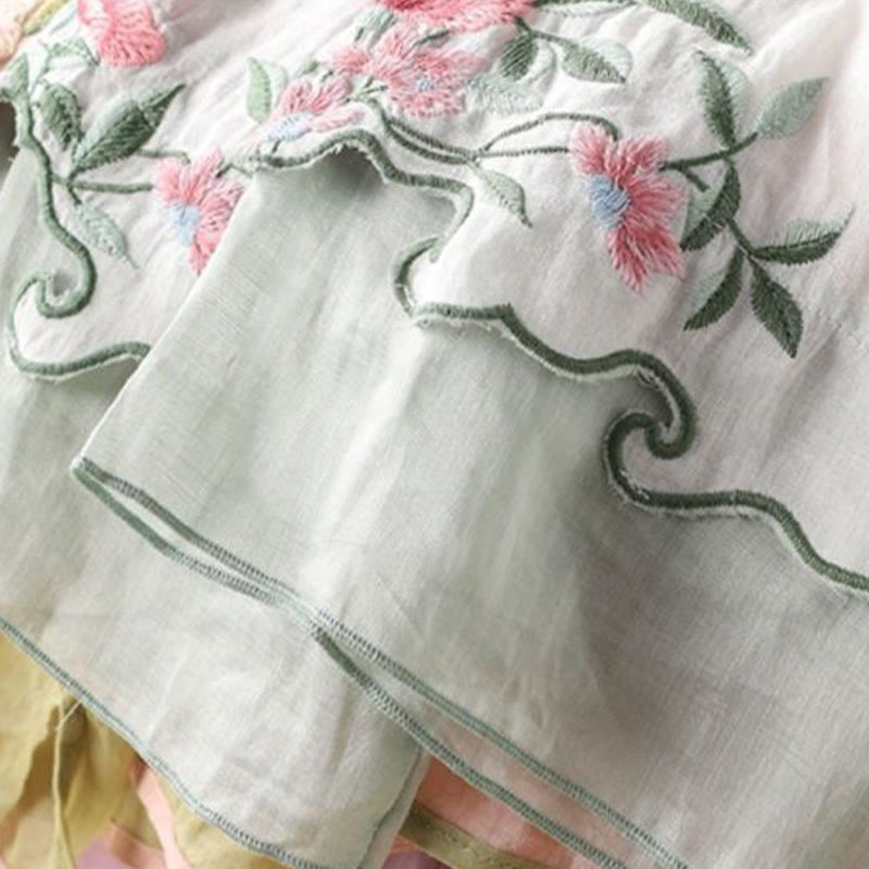 Casual Embroidered Flowers Leaves Frog Button Three Quarter Sleeve Cotton Women's Shirt
