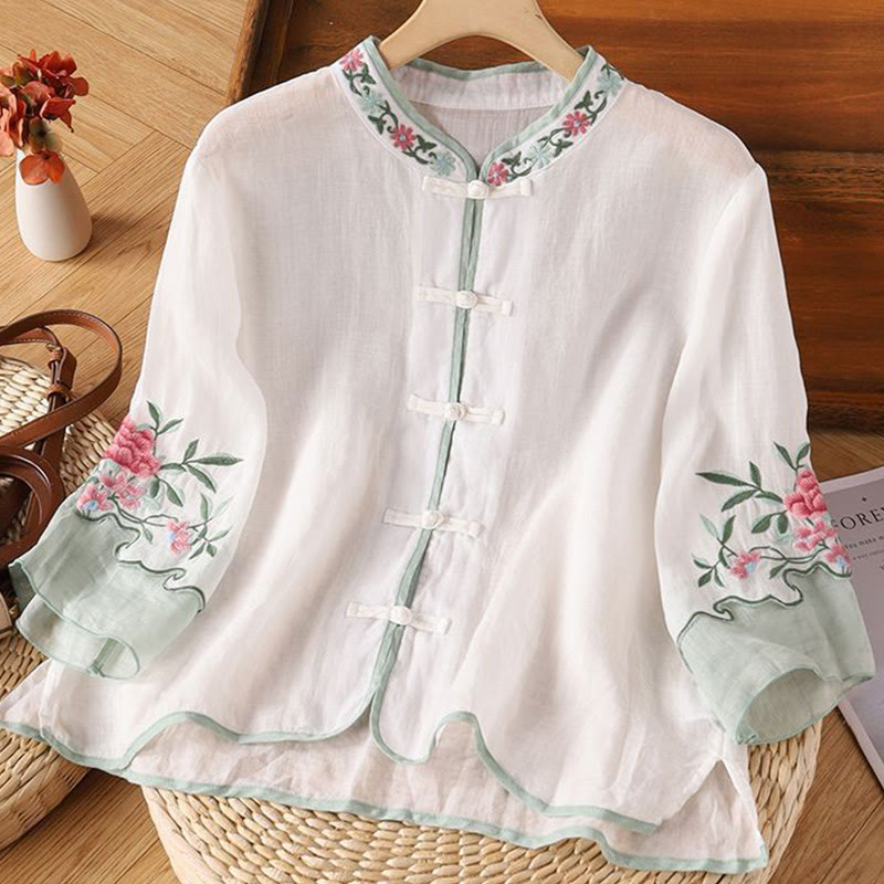 Casual Embroidered Flowers Leaves Frog Button Three Quarter Sleeve Cotton Women's Shirt