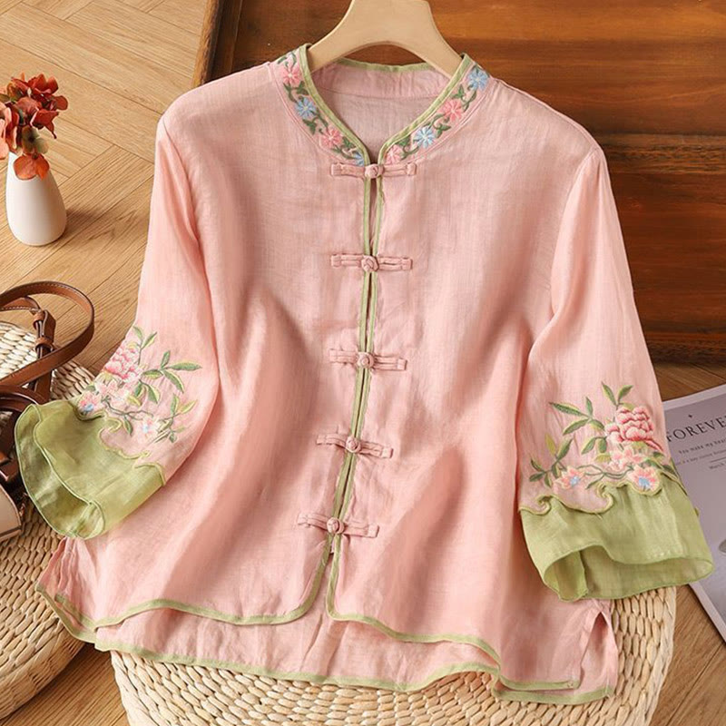 Casual Embroidered Flowers Leaves Frog Button Three Quarter Sleeve Cotton Women's Shirt