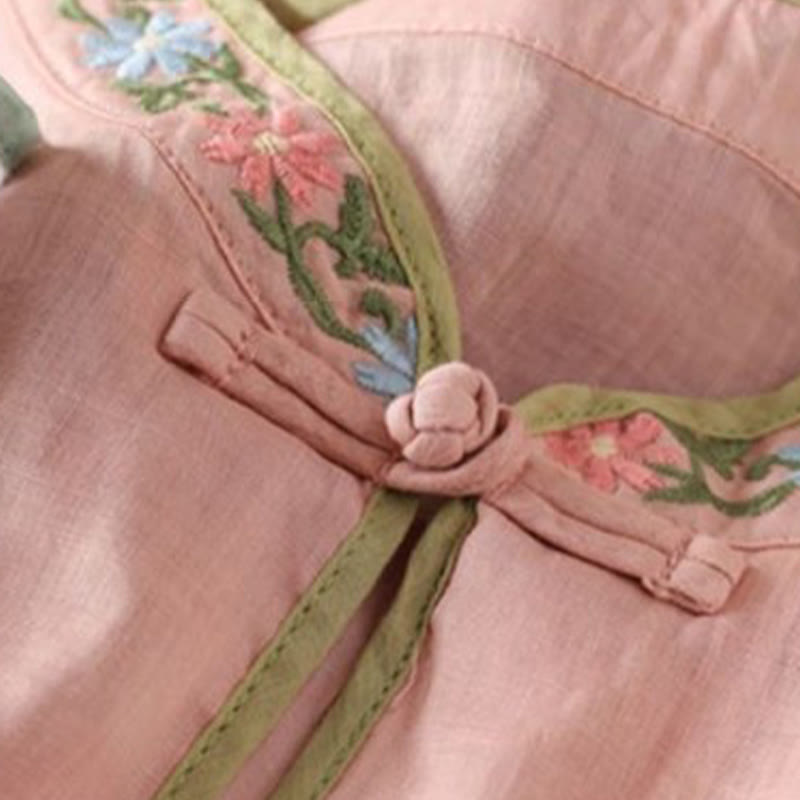 Casual Embroidered Flowers Leaves Frog Button Three Quarter Sleeve Cotton Women's Shirt