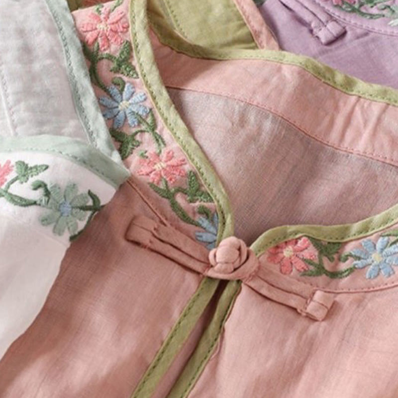 Casual Embroidered Flowers Leaves Frog Button Three Quarter Sleeve Cotton Women's Shirt