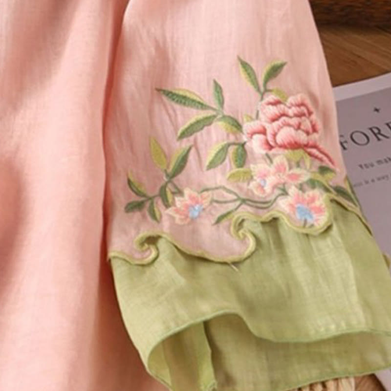 Casual Embroidered Flowers Leaves Frog Button Three Quarter Sleeve Cotton Women's Shirt