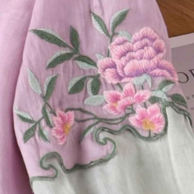 Casual Embroidered Flowers Leaves Frog Button Three Quarter Sleeve Cotton Women's Shirt