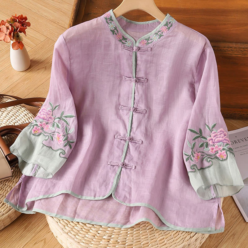 Casual Embroidered Flowers Leaves Frog Button Three Quarter Sleeve Cotton Women's Shirt