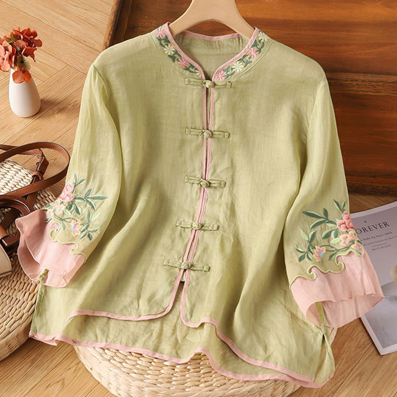 Casual Embroidered Flowers Leaves Frog Button Three Quarter Sleeve Cotton Women's Shirt