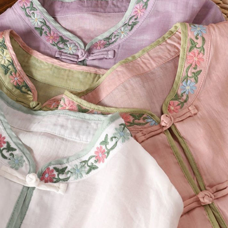 Casual Embroidered Flowers Leaves Frog Button Three Quarter Sleeve Cotton Women's Shirt