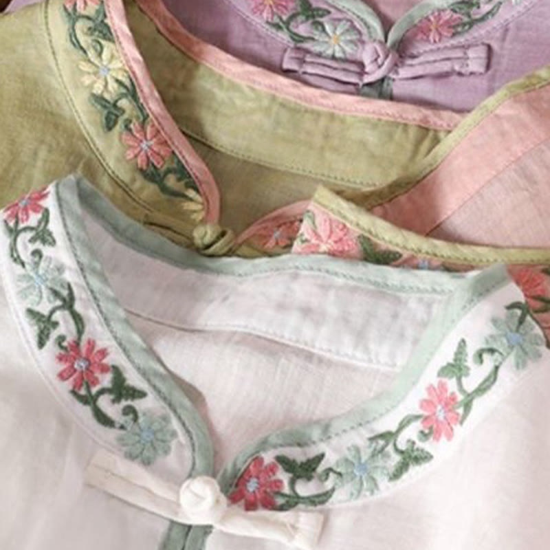 Casual Embroidered Flowers Leaves Frog Button Three Quarter Sleeve Cotton Women's Shirt