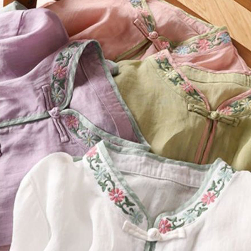 Casual Embroidered Flowers Leaves Frog Button Three Quarter Sleeve Cotton Women's Shirt