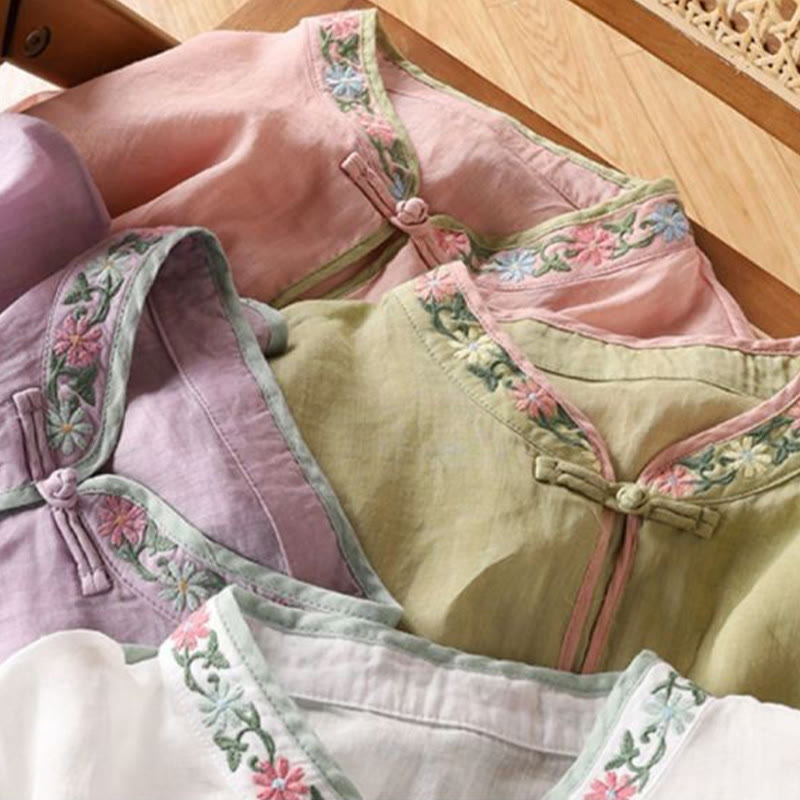 Casual Embroidered Flowers Leaves Frog Button Three Quarter Sleeve Cotton Women's Shirt