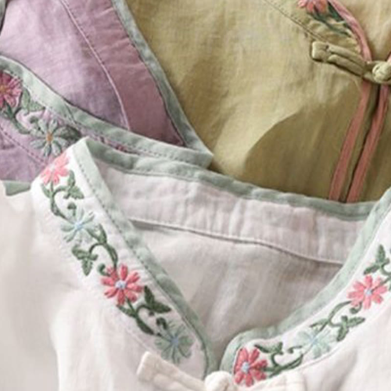 Casual Embroidered Flowers Leaves Frog Button Three Quarter Sleeve Cotton Women's Shirt