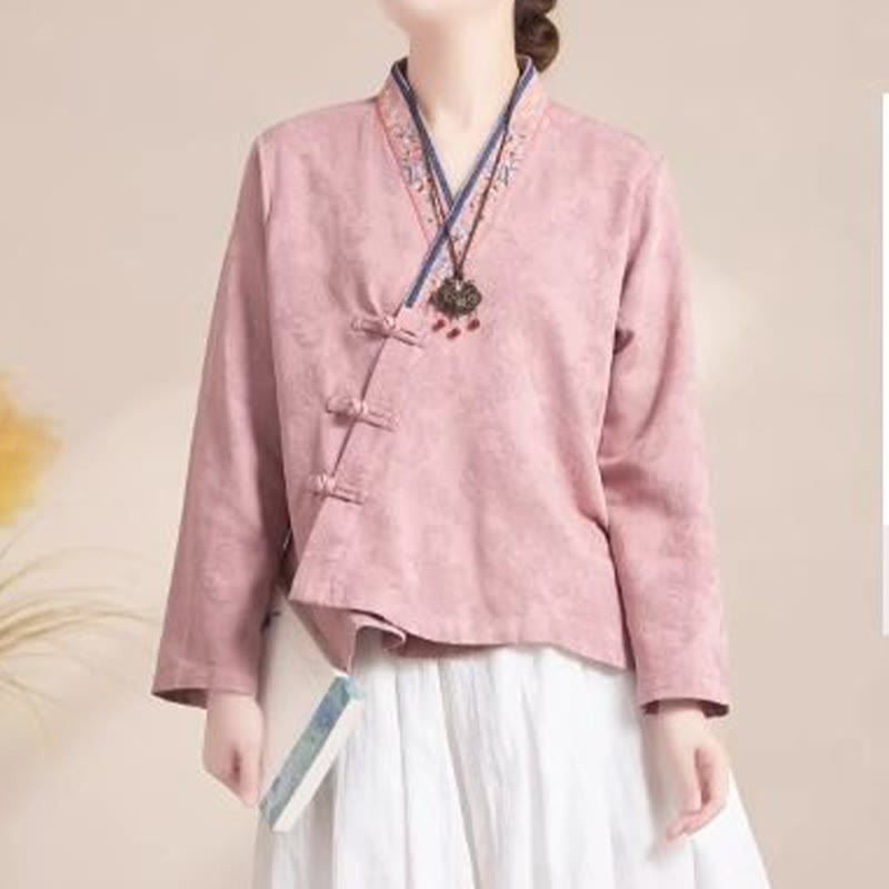 Embroidered Flowers Grass Frog-Button Long Sleeve Cotton Women's Shirt