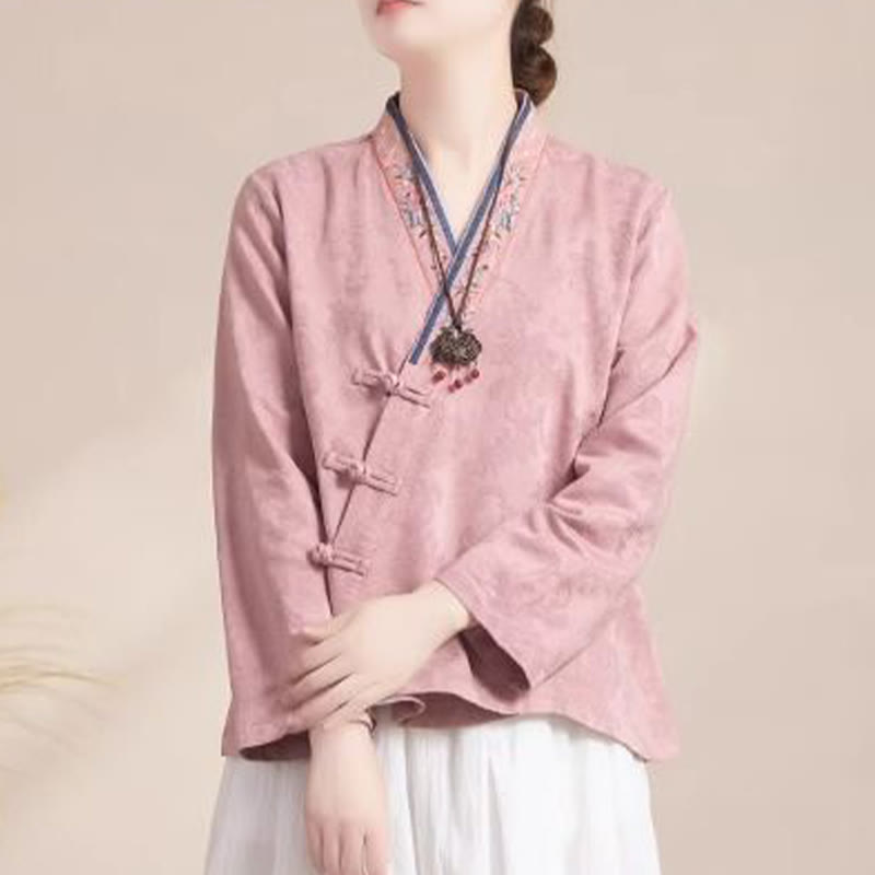 Embroidered Flowers Grass Frog-Button Long Sleeve Cotton Women's Shirt