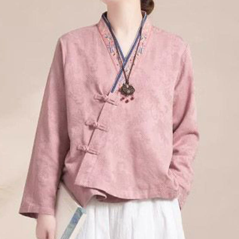 Embroidered Flowers Grass Frog-Button Long Sleeve Cotton Women's Shirt
