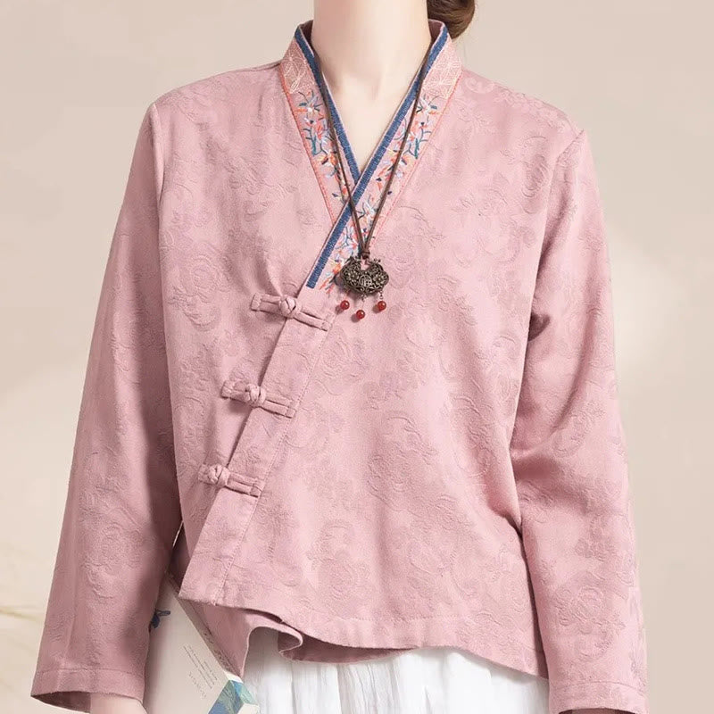 Embroidered Flowers Grass Frog-Button Long Sleeve Cotton Women's Shirt