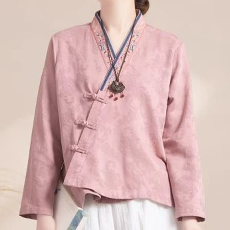 Embroidered Flowers Grass Frog-Button Long Sleeve Cotton Women's Shirt