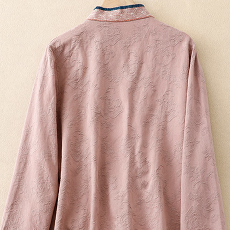 Embroidered Flowers Grass Frog-Button Long Sleeve Cotton Women's Shirt