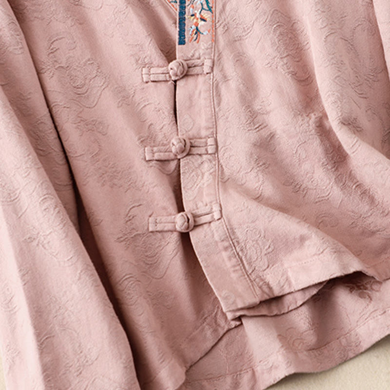 Embroidered Flowers Grass Frog-Button Long Sleeve Cotton Women's Shirt