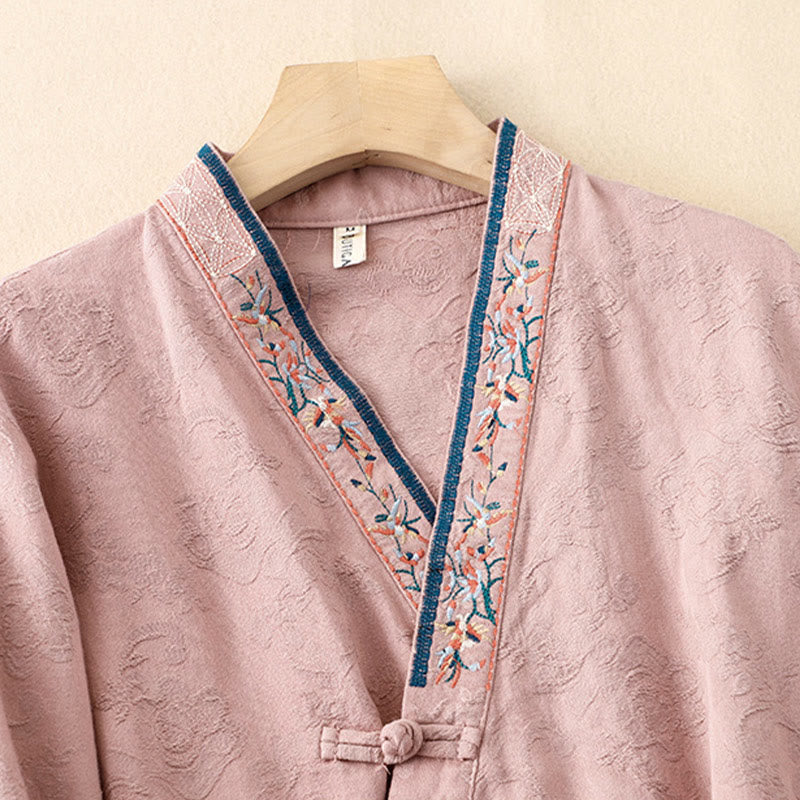 Embroidered Flowers Grass Frog-Button Long Sleeve Cotton Women's Shirt