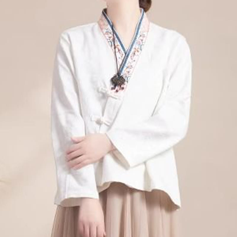 Embroidered Flowers Grass Frog-Button Long Sleeve Cotton Women's Shirt