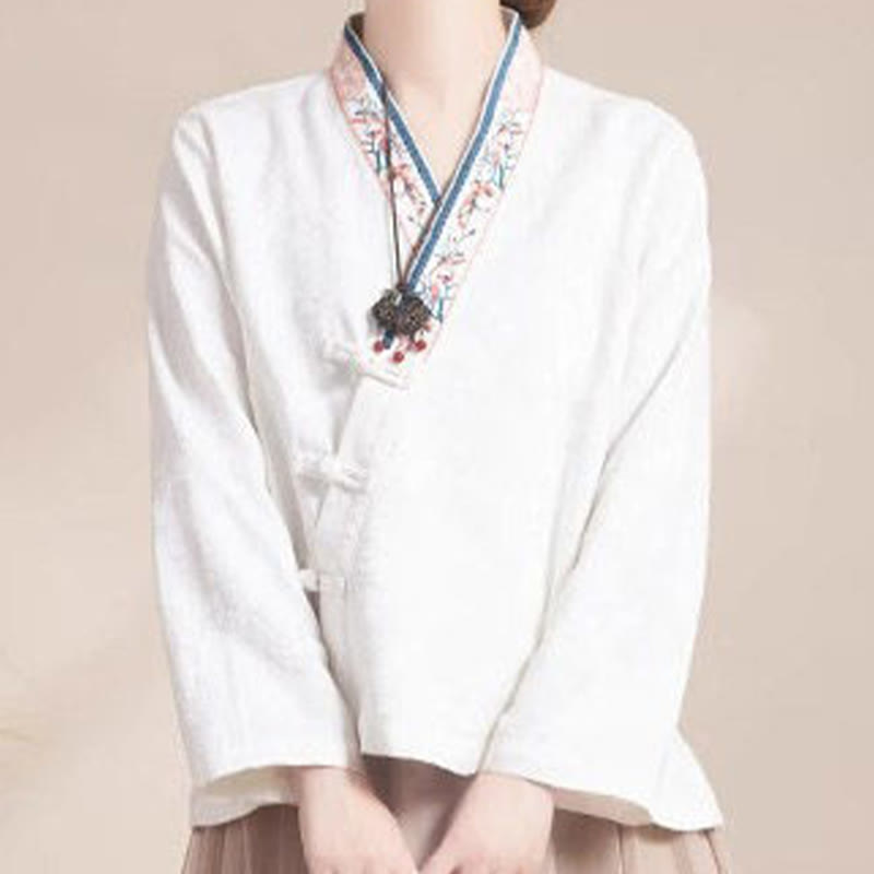 Embroidered Flowers Grass Frog-Button Long Sleeve Cotton Women's Shirt