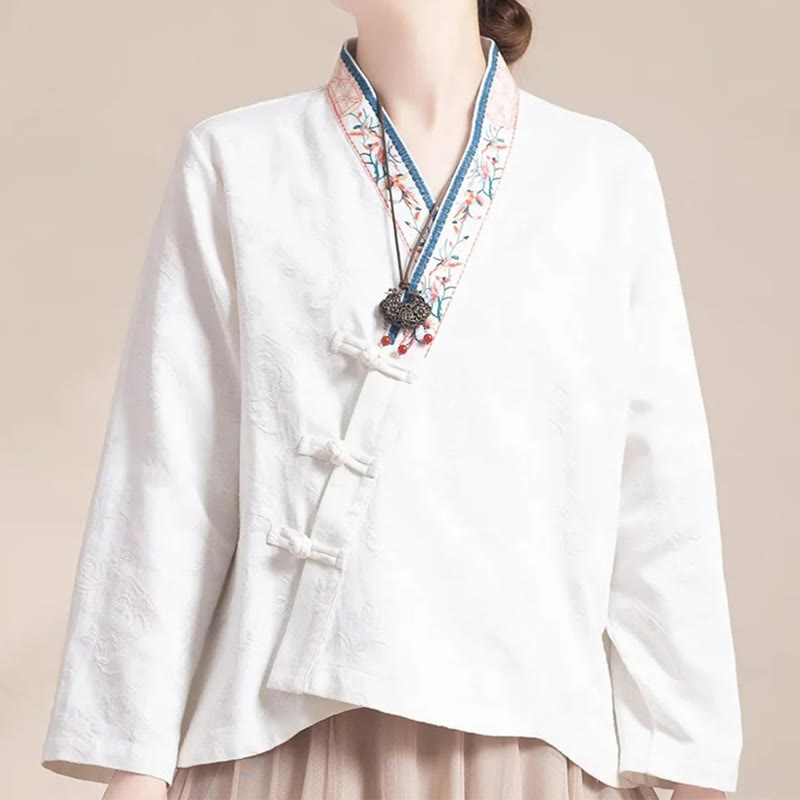 Embroidered Flowers Grass Frog-Button Long Sleeve Cotton Women's Shirt