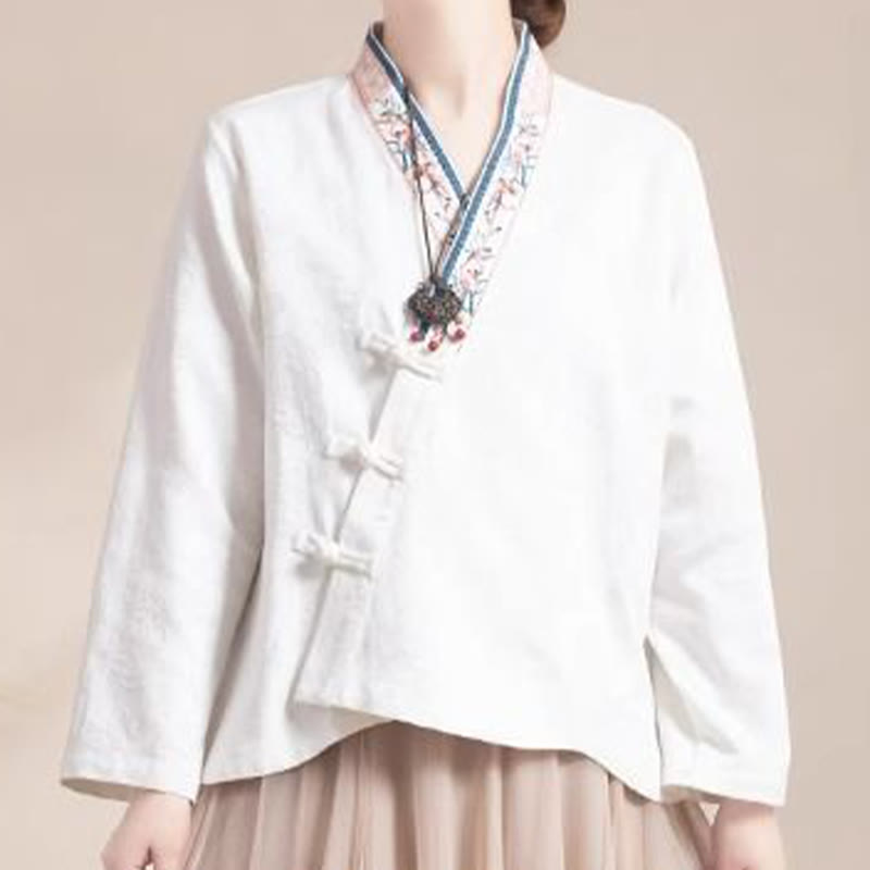 Embroidered Flowers Grass Frog-Button Long Sleeve Cotton Women's Shirt