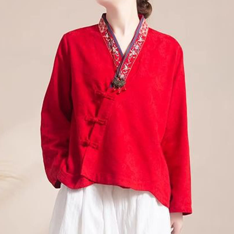 Embroidered Flowers Grass Frog-Button Long Sleeve Cotton Women's Shirt