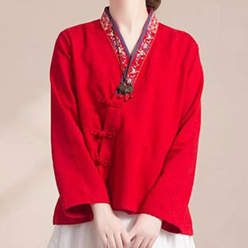 Embroidered Flowers Grass Frog-Button Long Sleeve Cotton Women's Shirt