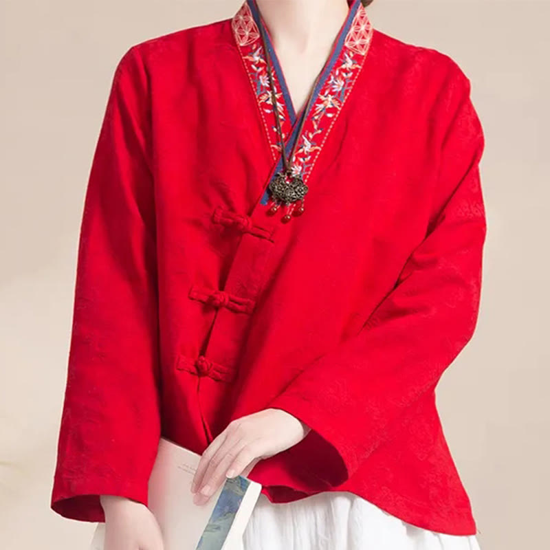 Embroidered Flowers Grass Frog-Button Long Sleeve Cotton Women's Shirt