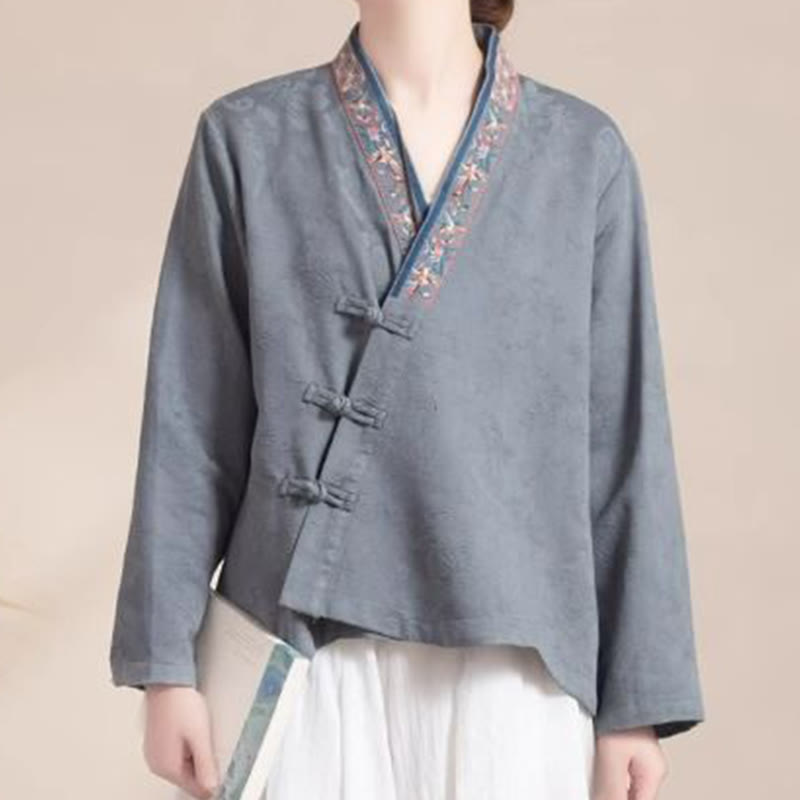 Embroidered Flowers Grass Frog-Button Long Sleeve Cotton Women's Shirt