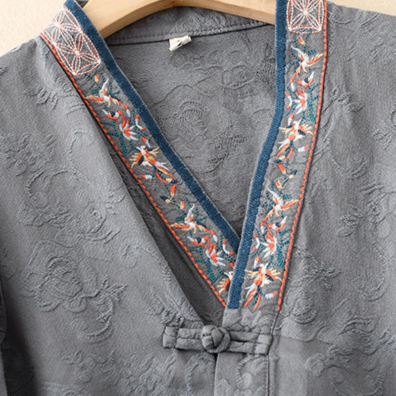 Embroidered Flowers Grass Frog-Button Long Sleeve Cotton Women's Shirt