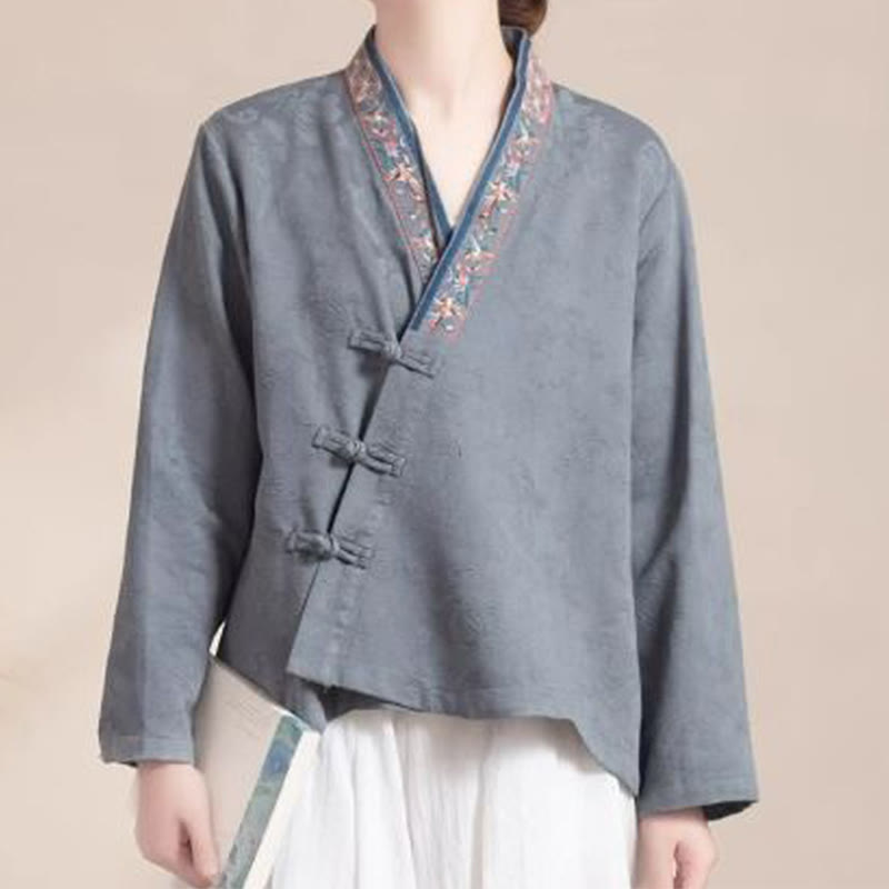 Embroidered Flowers Grass Frog-Button Long Sleeve Cotton Women's Shirt