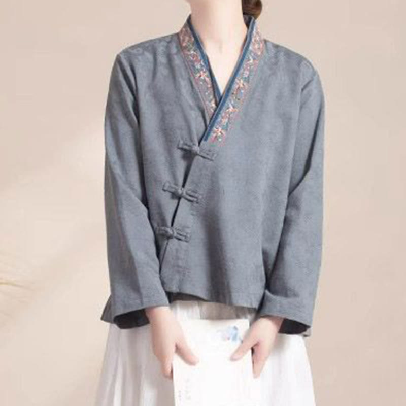 Embroidered Flowers Grass Frog-Button Long Sleeve Cotton Women's Shirt