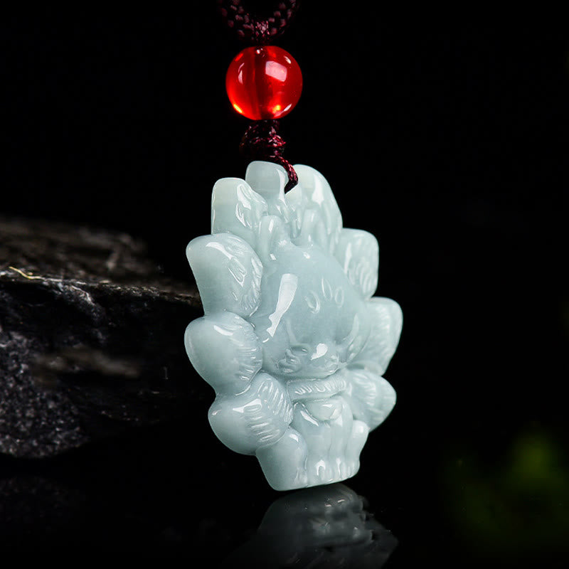 Natural Green Jade Nine Tailed Fox Abundance Necklace Pendant