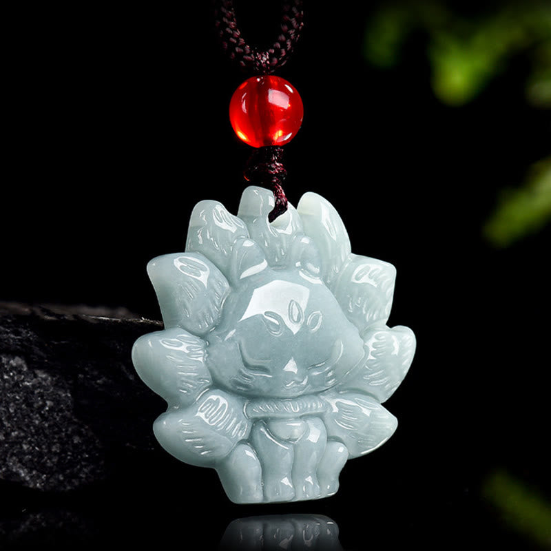 Natural Green Jade Nine Tailed Fox Abundance Necklace Pendant