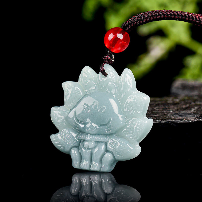 Natural Green Jade Nine Tailed Fox Abundance Necklace Pendant
