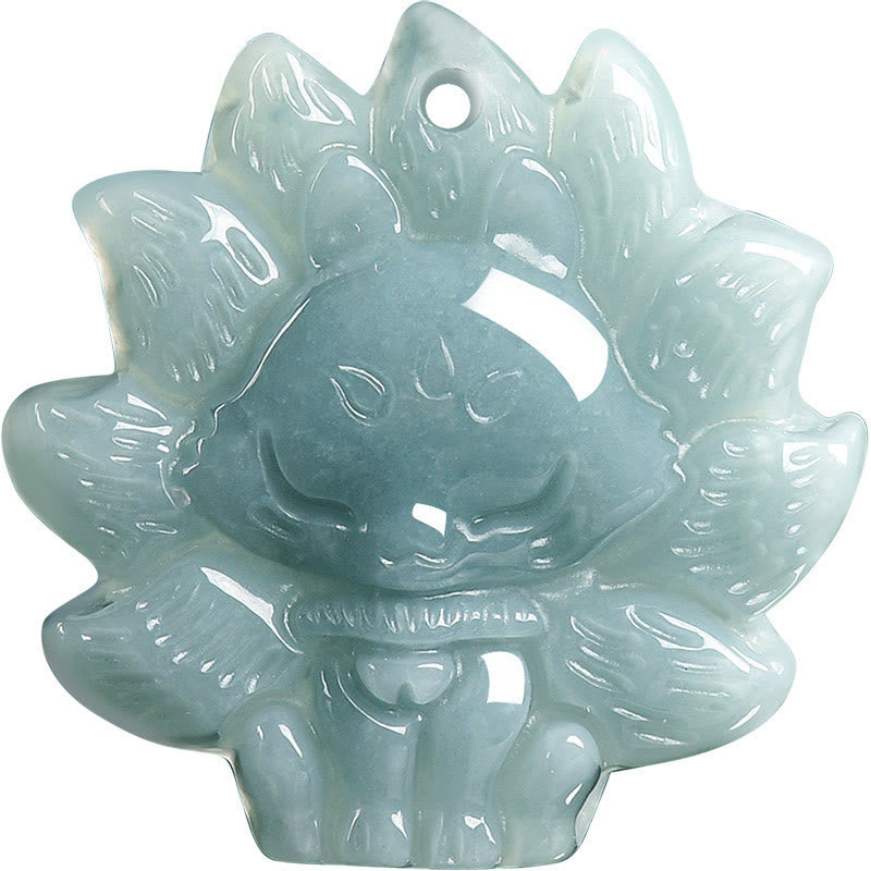 Natural Green Jade Nine Tailed Fox Abundance Necklace Pendant