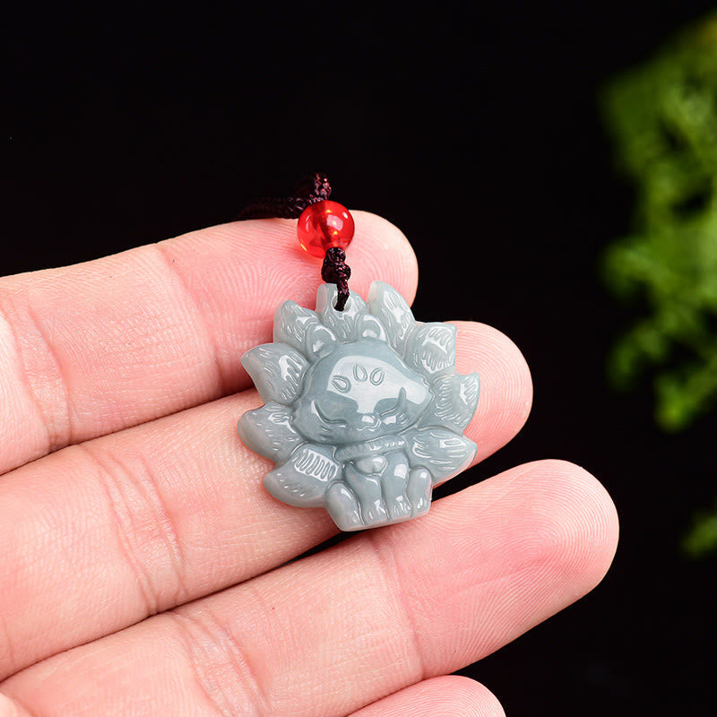 Natural Green Jade Nine Tailed Fox Abundance Necklace Pendant