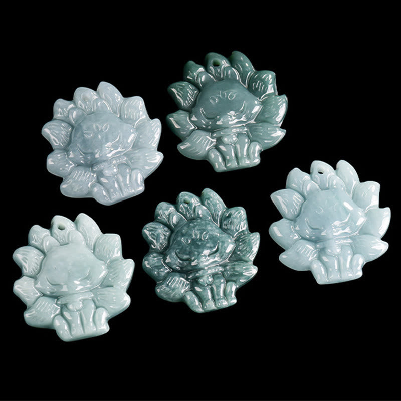 Natural Green Jade Nine Tailed Fox Abundance Necklace Pendant