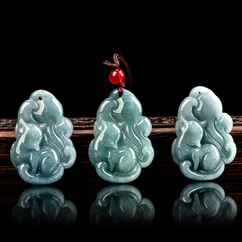 Natural Green Jade Nine Tailed Fox Fairy Prosperity Necklace Pendant