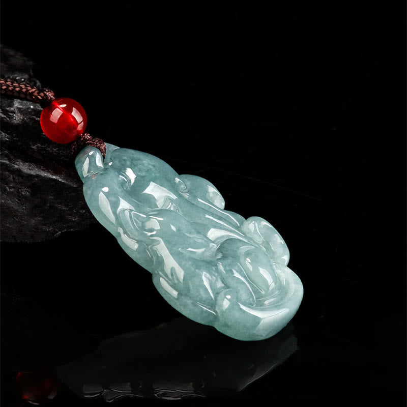 Natural Green Jade Nine Tailed Fox Fairy Prosperity Necklace Pendant
